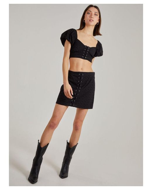 Pink Vanilla Black Lace Up Corset Puff Sleeve Crop Top