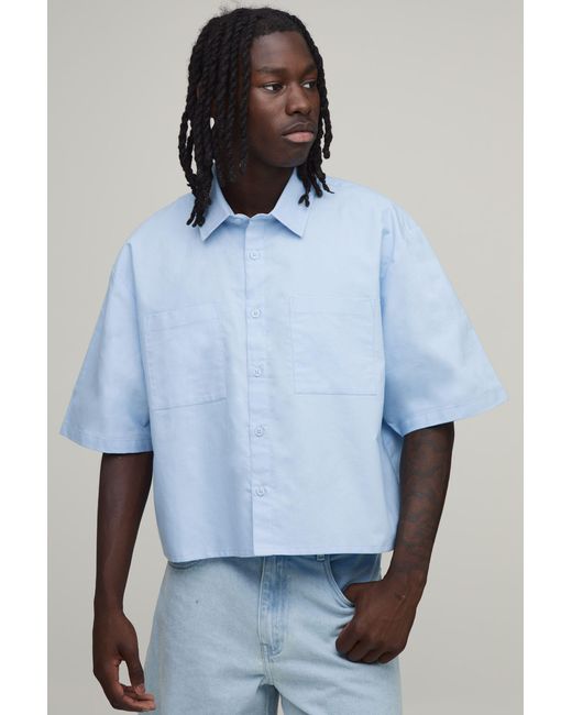 BoohooMAN Blue Boxy Cropped Half Sleeve Oxford Shirt for men