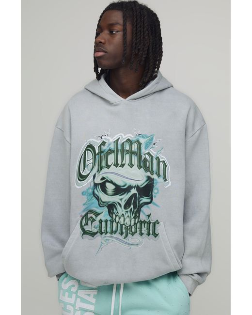 BoohooMAN Gray Oversized Euphoric Skull Graphic Washed Hoodie for men