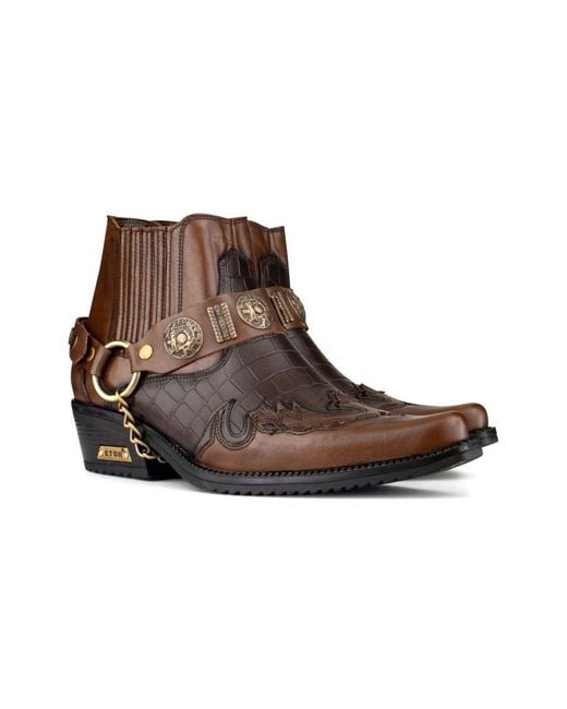 Infinity Leather Brown Two-Tone Winklepicker Biker Boots Crocodile for men