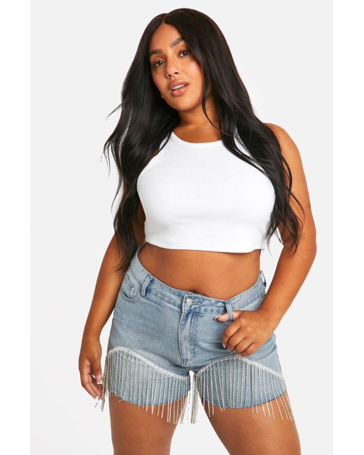 Boohoo Blue Plus Diamante Trim Fray Hem Denim Shorts
