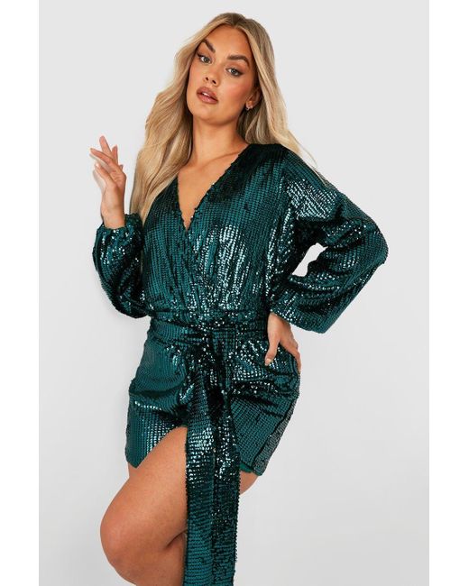 Boohoo Green Plus Velvet Sequin Tie Waist Playsuit