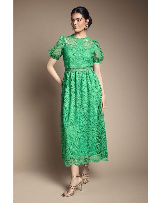 Oasis Green Lace Puff Sleeve Fit And Flare Midi Dress