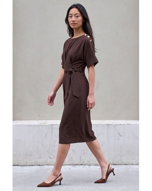 Roman Brown Petite Tie Waist Dress