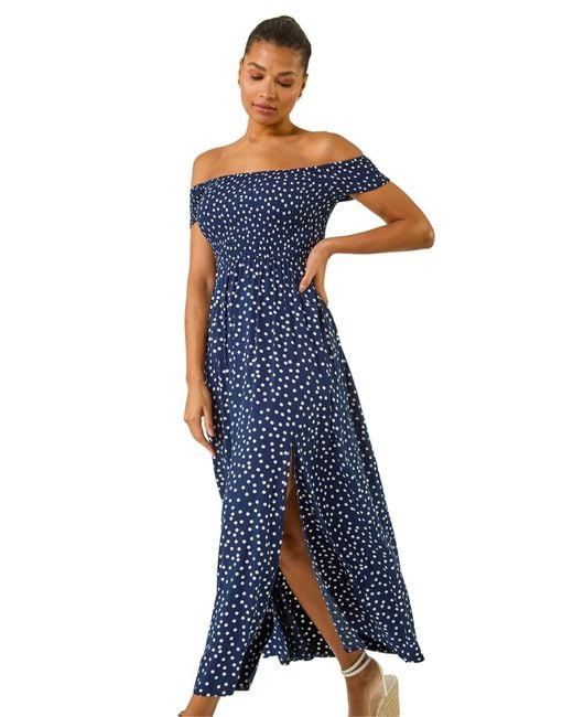 Roman Blue Spot Print Bardot Shirred Maxi Dress