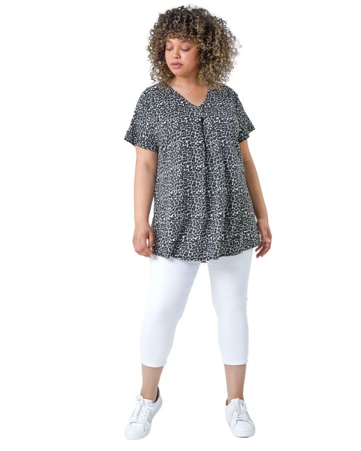 Roman Curve Blue Pleat Front Printed V-Neck Stretch Top