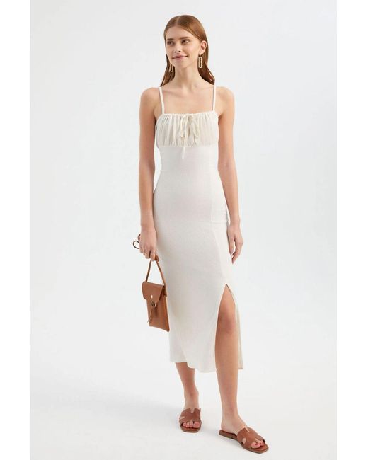 Hiccup White Smocked Square Neck Spaghetti Strap Tie Front Midi Dress With A Side Slit
