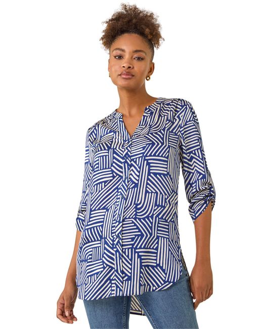 Roman Blue Geo Mono Print Buttoned Blouse