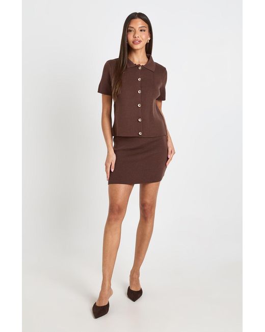 Boohoo Red Short Sleeve Knitted Button Top And Mini Skirt