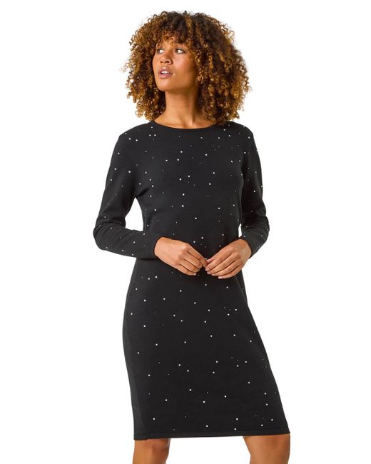 Roman Black Hotfix Embellished Knitted Dress