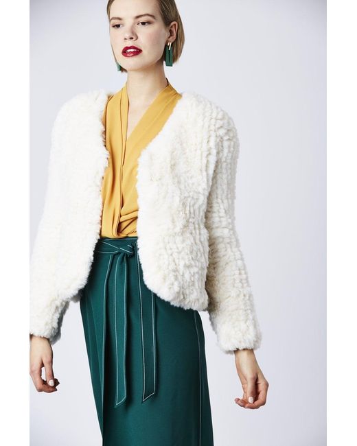 Jayley White Hand Knitted V-Neck Faux Fur Coat