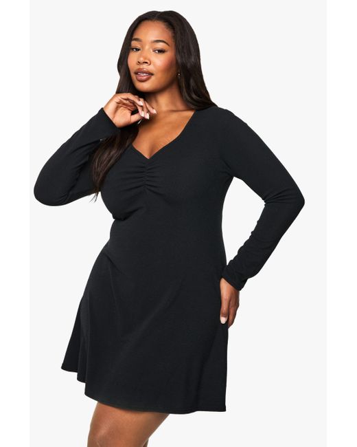 Boohoo Black Plus Rib Rouched Detail Mini Skater Dress