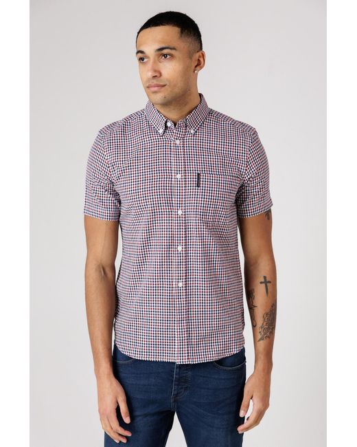 French Connection Purple Cotton Short Sleeve Gingham Chest Pocket Shirt for men