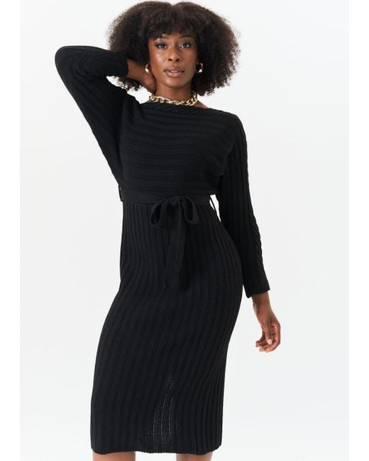 Gini London Zwarte Vleermuisvleugel Ribgebreide Midi-jurk Met Ceintuur in het Blue