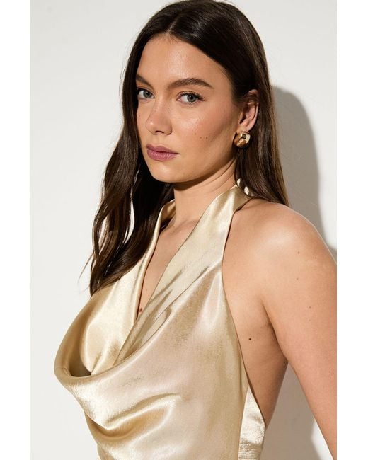 MissPap Natural Premium Plunge Cowl Open Back Satin Maxi Bridesmaid Dress