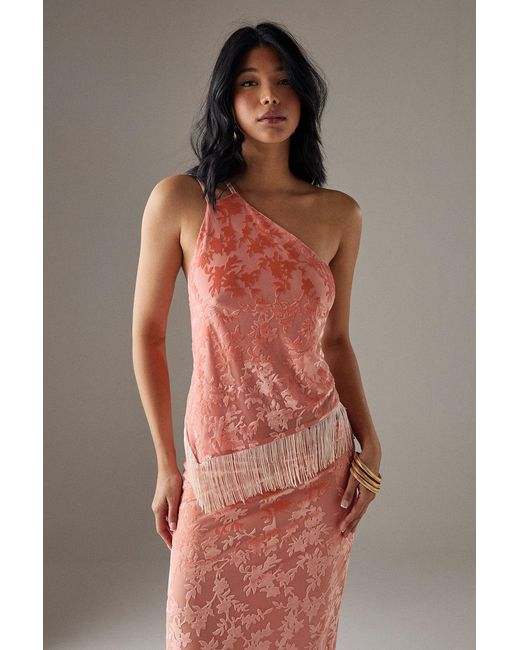 Warehouse Brown Devore One Shoulder Fringe Cami Top