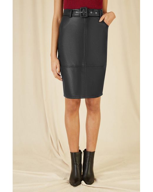 Yumi' Black Faux Leather Midi Pencil Skirt With Matching Belt