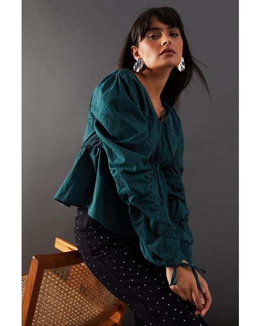 Warehouse Blue Cotton Tie Front Volume Sleeve Blouse