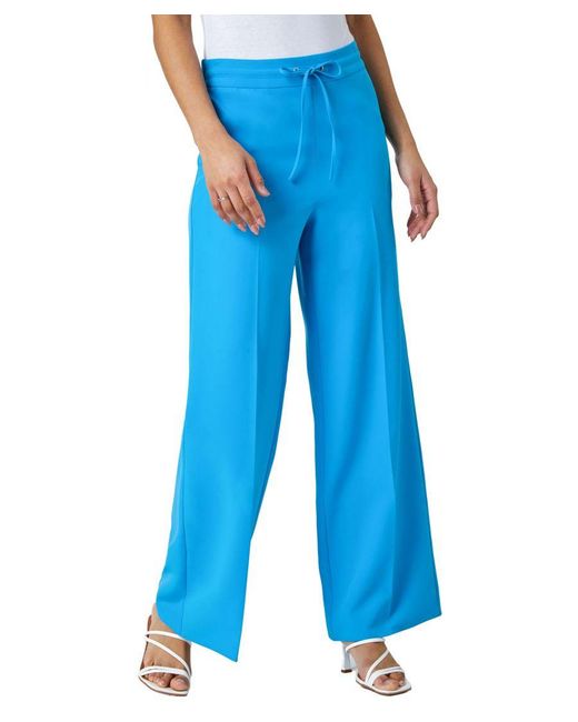 Roman Blue Wide Leg Elastic Waist Tie Front Trouser