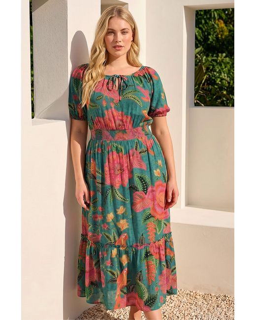 Roman Green Curve Floral Shirred Waist Midi Dress