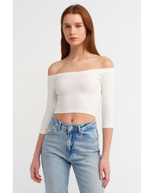 Dilvin Off-Shoulder Cropped Blouse in het White