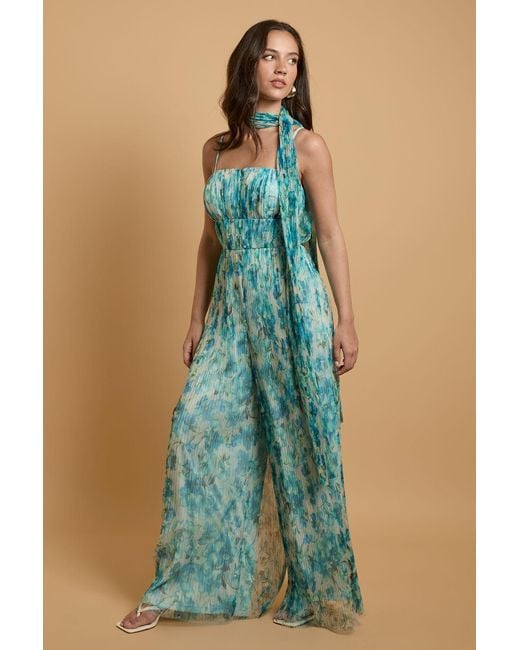 Oasis Blue Corset Detail Pleated Mesh Jumpsuit