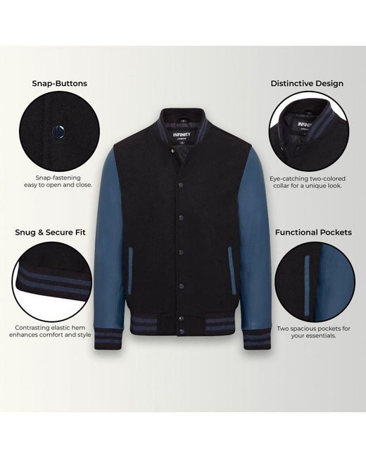 Infinity Leather Blue Letterman Baseball Wool Varsity Bomber Jacket for men
