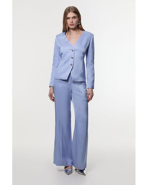 Karen Millen Blue Premium Viscose Linen Tailored Wide Leg Trouser