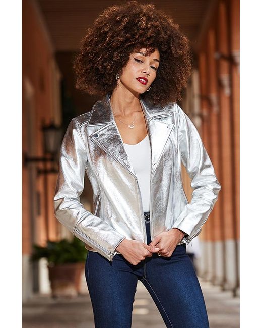 Sosandar White Metallic Leather Biker Jacket