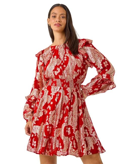 D.u.s.k Red Floral Foil Paisley Dress
