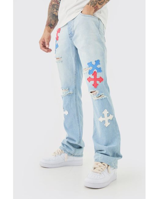 BoohooMAN Slim Rigid Flare Applique Jeans In Ice Blue for men