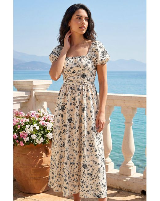 D.u.s.k Blue Floral Puff Sleeve Midi Dress