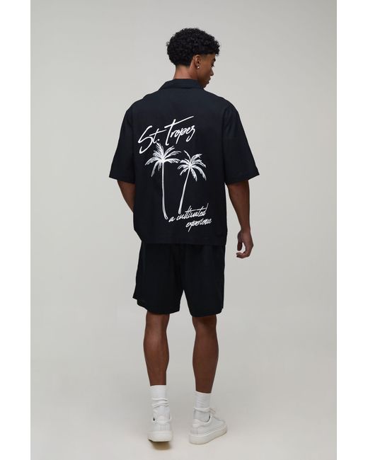 BoohooMAN Blue Oversized Half Sleeve Palm Print Shirt for men
