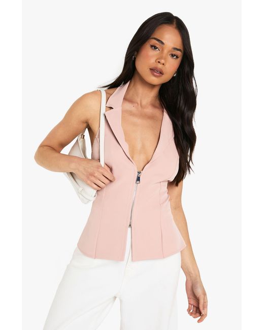 Boohoo Pink Woven Halterneck Zip Through Waistcoat