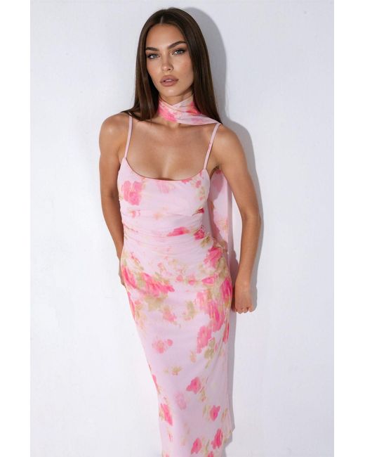 Hiccup Pink Patterned Tulle Midi Dress With Scarf Detail