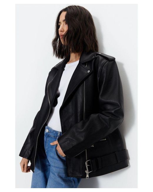 Warehouse Black Real Leather Belted Biker Jacket