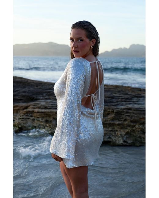 Boohoo Blue Textured Sequin Flared Sleeve Mini Dress