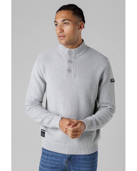Firetrap Gray Cotton Rich Waffle Knit Funnel Neck Jumper With Buttons for men
