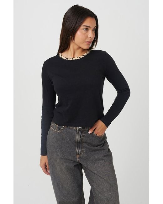 Brave Soul Black Long Sleeve Contrast Print Neck Detail Top