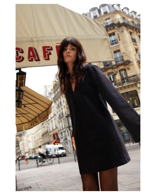 Warehouse Black Long Sleeve Denim Smock Dress