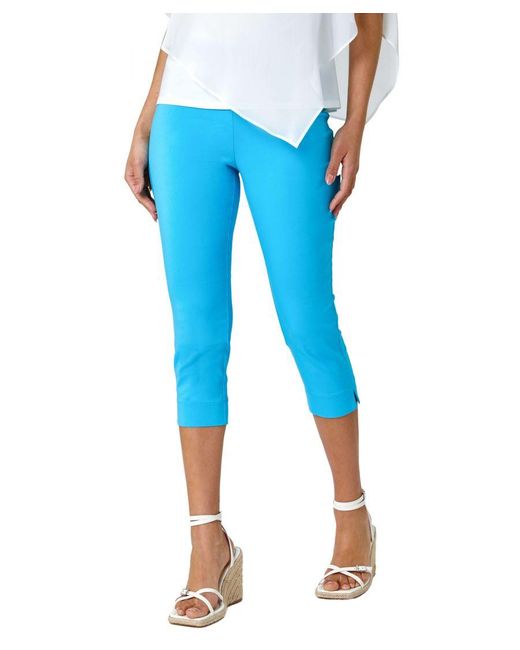 Roman Blue Gingham Elastic Waist Stretch Cropped Trouser