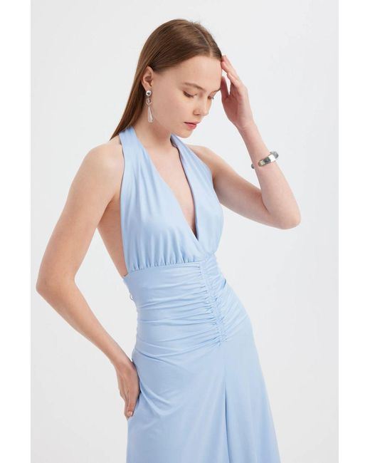 Hiccup Blue Backless Halter Neck Midi Dress