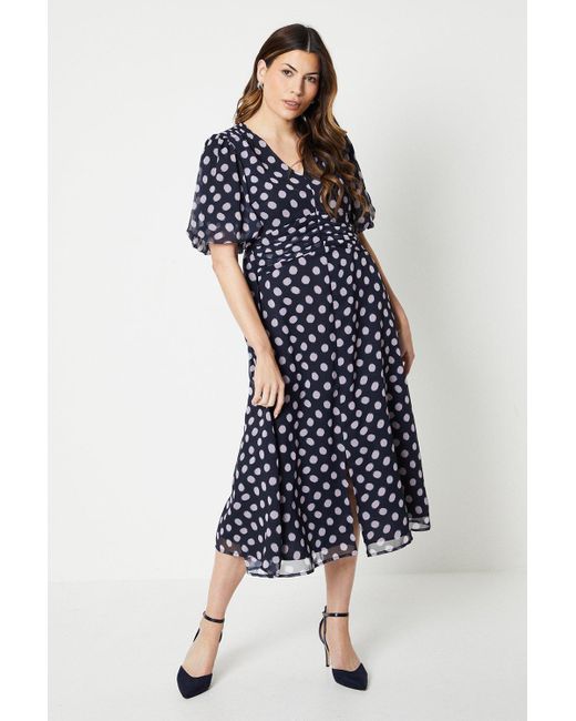 Wallis Blue Spot Print Chiffon Gathered Waist Midi Tea Dress