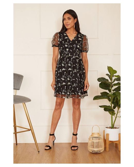 Mela London Black Embroidery Mesh Skater Dress