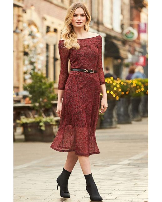 Sosandar Black Print Bardot Mesh Midi Dress