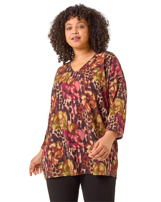 Roman Orange Curve Animal Print V-Neck Top