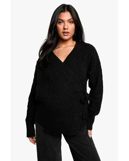 Boohoo Black Maternity Soft Cable Knitted Wrap Cardigan