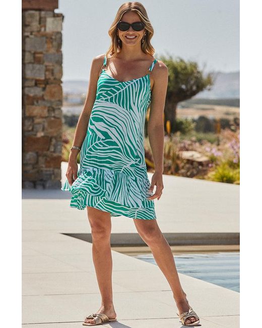 Sosandar Green Palm Print Ring Detail Ruffle Hem Dress