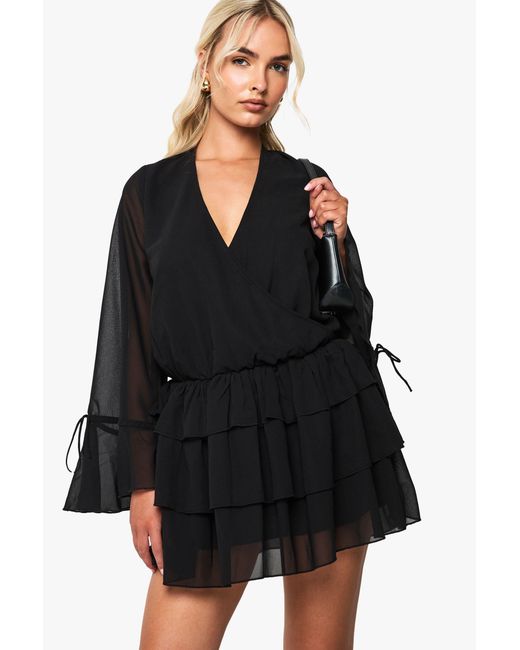 Boohoo Black Chiffon Long Sleeve Mini Dress