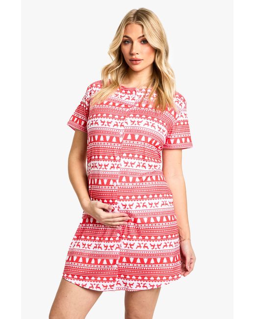 Boohoo Red Maternity Christmas Fairaisle Print 2 Pack Peached Button Down Nightie